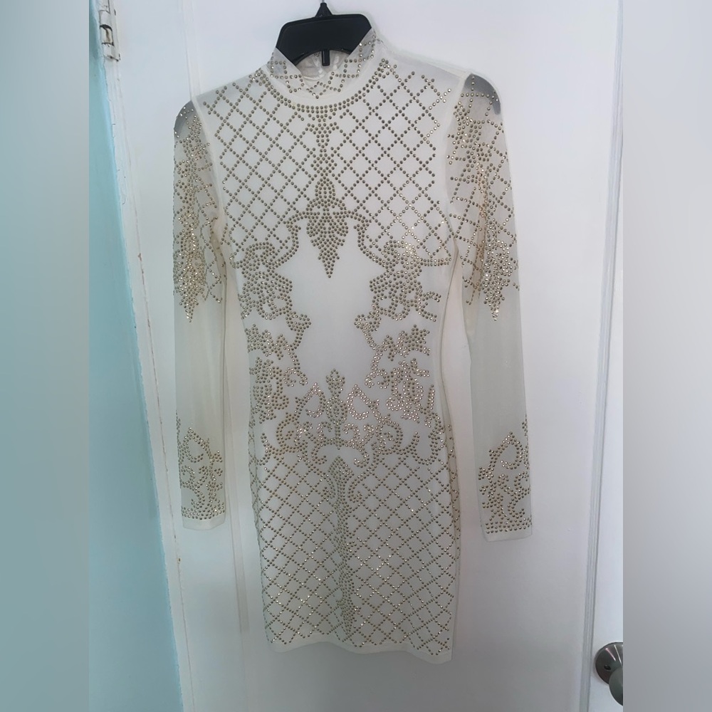 Gold rhinestone body con white dress